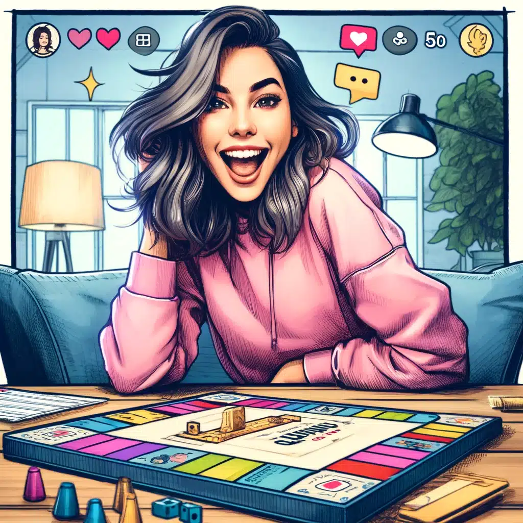 A woman in a pink hoodie smiles while sitting at a table with a board game. The scene is bright, and social media icons like hearts and comments appear above her. A lamp and plant are in the background.