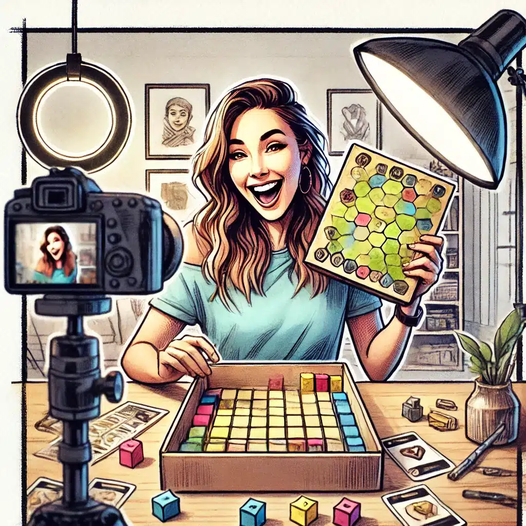 A woman enthusiastically presents a board game to the camera. She sits at a table with game pieces and holding a game board. A camera is set up in front of her, and bright lights illuminate the scene. Framed art decorates the wall behind her.