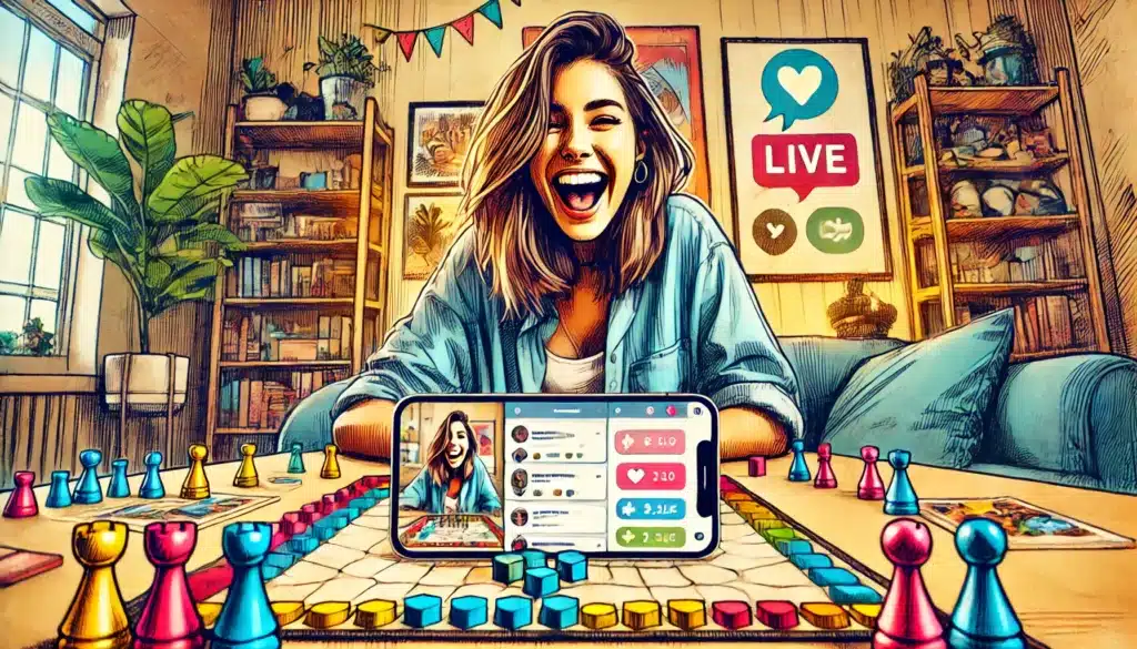 A woman smiles energetically while sitting at a table with a colorful board game. A smartphone in front of her streams her live video to Instagram. The room is cozy, with plants and bookshelves, and a poster with social media icons hangs on the wall.