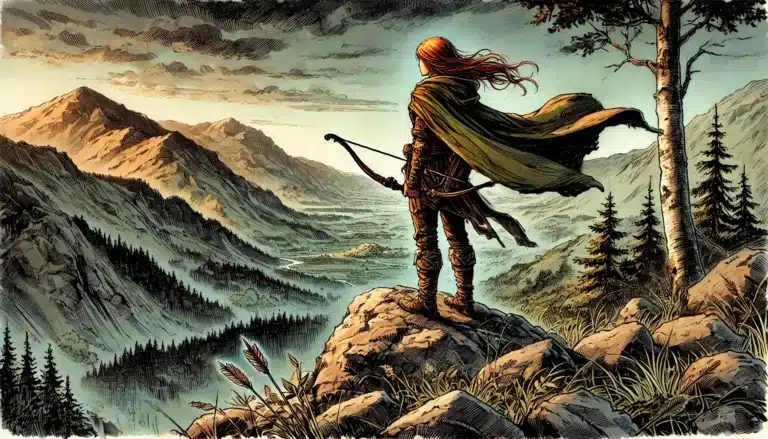 An adventurer with long red hair stands on a rocky cliff, embodying the spirit of the Heroes of the Borderlands. With a bow in hand, they overlook a vast mountain valley at sunset. A billowing cape and pine trees frame the scene, evoking exploration and freedom.