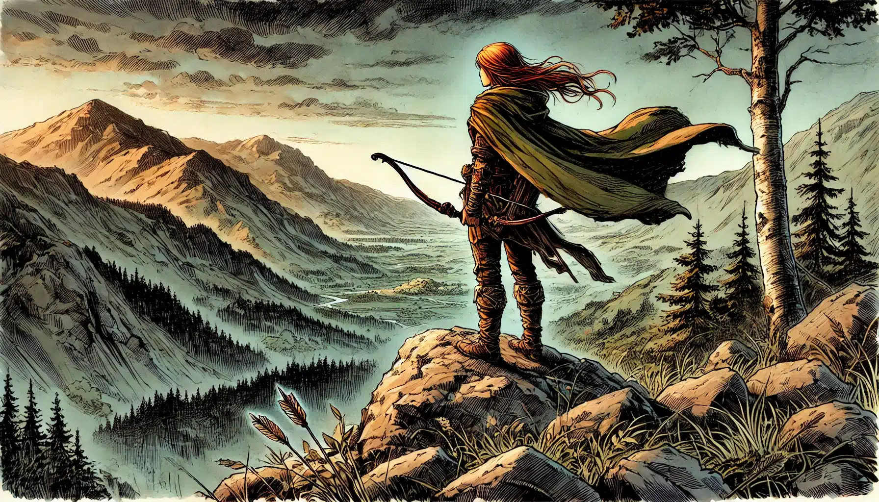 An adventurer with long red hair stands on a rocky cliff, embodying the spirit of the Heroes of the Borderlands. With a bow in hand, they overlook a vast mountain valley at sunset. A billowing cape and pine trees frame the scene, evoking exploration and freedom.
