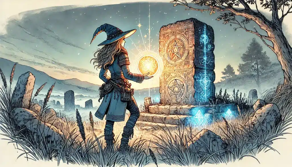 A person in a wizards hat and robes stands in a mystical landscape, holding a glowing orb. As part of the *D&D Starter Set 2025*, they face an ancient stone slab with glowing runes, surrounded by grass and distant mountains under a stunning, starlit sky.