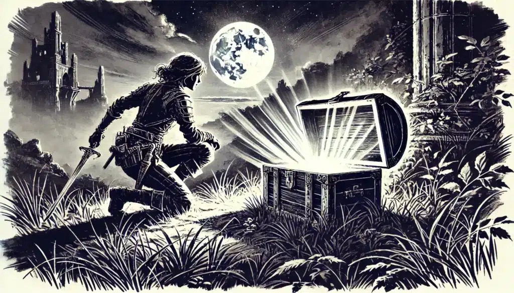 In a dramatic, monochromatic scene reminiscent of the Classic Revival style, a warrior with a sword kneels before an open, glowing treasure chest in a moonlit clearing. A full moon and castle loom in the background, evoking the epic tales akin to Heroes of the Borderlands.