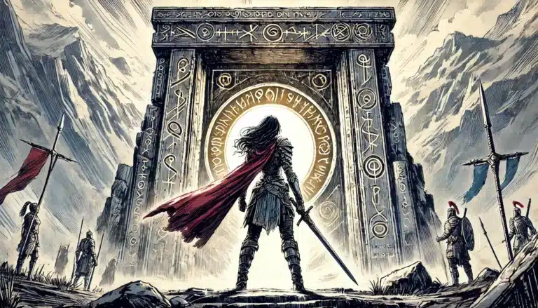 A warrior draped in a red cape stands before a massive stone portal inscribed with symbols, reminiscent of an adventure from Epic Tales of the Valiant. Four soldiers flank him amid the mountainous terrain, their flags fluttering as light streams through, creating a dramatic DND 5E scene.
