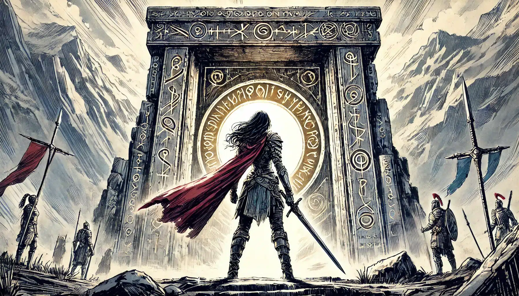 A warrior draped in a red cape stands before a massive stone portal inscribed with symbols, reminiscent of an adventure from Epic Tales of the Valiant. Four soldiers flank him amid the mountainous terrain, their flags fluttering as light streams through, creating a dramatic DND 5E scene.