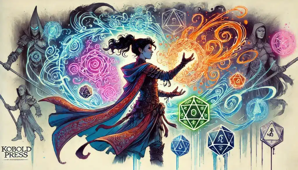 In an epic scene reminiscent of Kobold Presss legendary tales, a character in an ornate robe casts colorful spells. Glowing symbols and dice from 5E adventures float around them, while mysterious figures in the background wield weapons, all enveloped in vibrant, swirling energy.