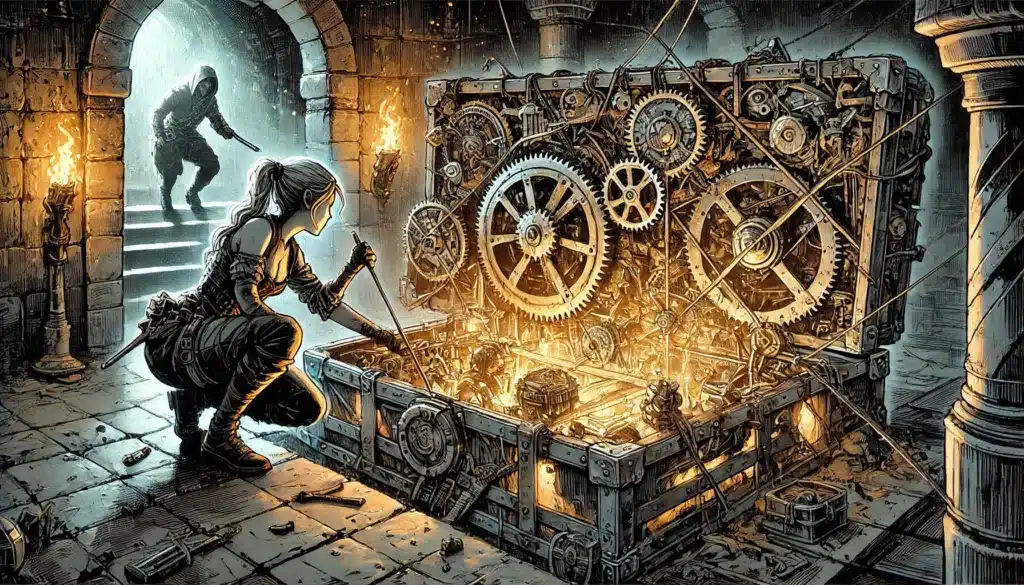 A person in a hooded outfit is inspecting a large, complex mechanism with interlocking gears inside a stone chamber. They hold a tool, seemingly focused, like an adventurer from the Epic Tales of the Valiant series. A second person lurks by a staircase as torches illuminate the scene.
