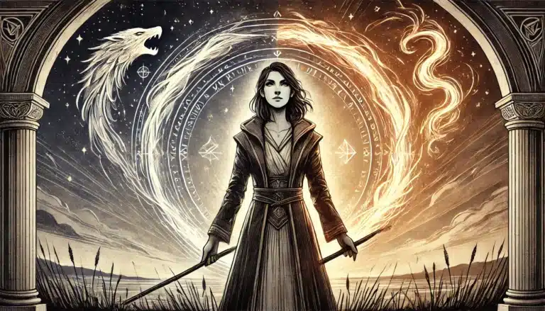 A woman stands between pillars, holding a sword and a wand. Enveloped by an alignment chart-like magical circle, fire crackles on one side while water flows on the other. Above, a lions smoky visage and a flaming serpent intertwine, with stars adorning the DND-inspired night sky.