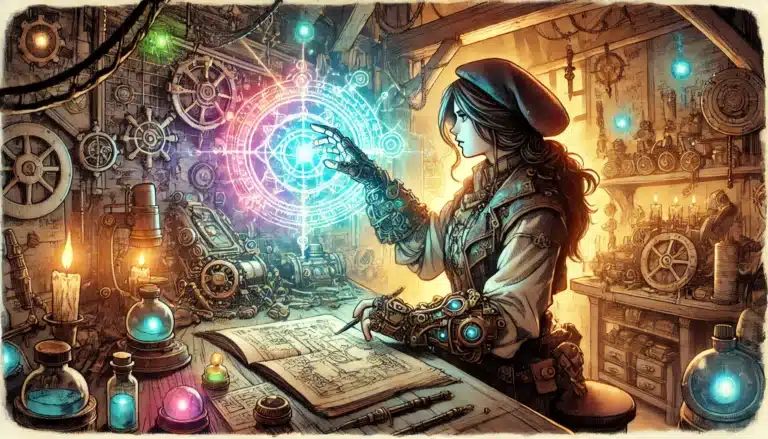 A person in steampunk attire, resembling a DND Artificer, interacts with a glowing, circular magical interface in a workshop filled with gears, books, and glowing orbs. The atmosphere seamlessly blends fantasy and science.