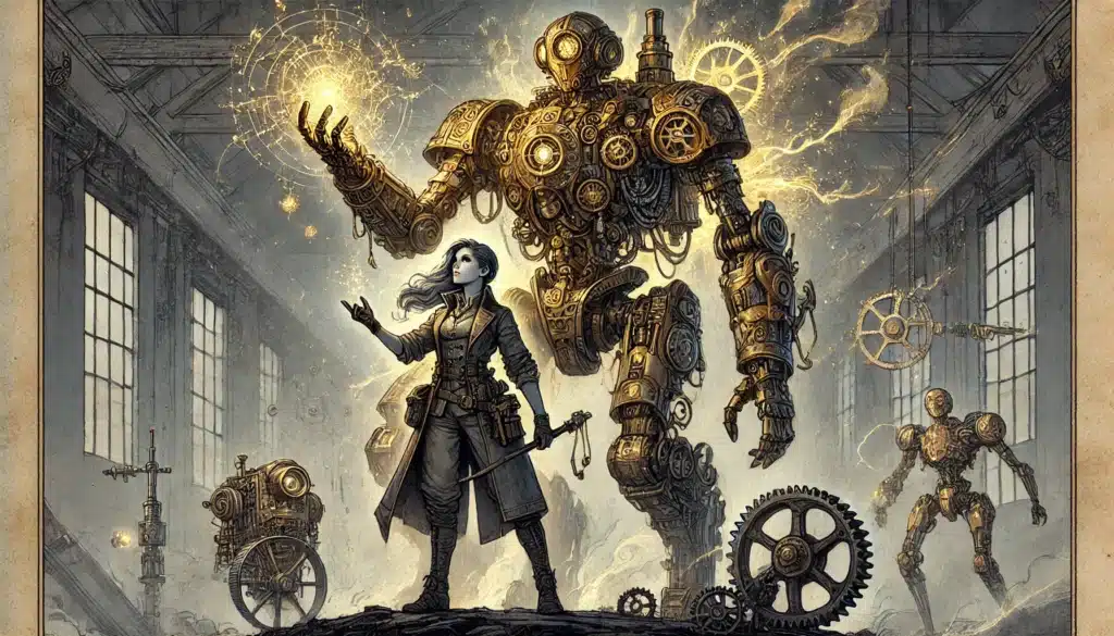 A woman stands confidently in a vast industrial hall, surrounded by glowing gears and mechanical parts like an Artificer from DND. She wears a long coat and holds a hammer. Behind her looms a large steampunk robot, illuminated by intricate glowing patterns reminiscent of an Artificer 5e creation.