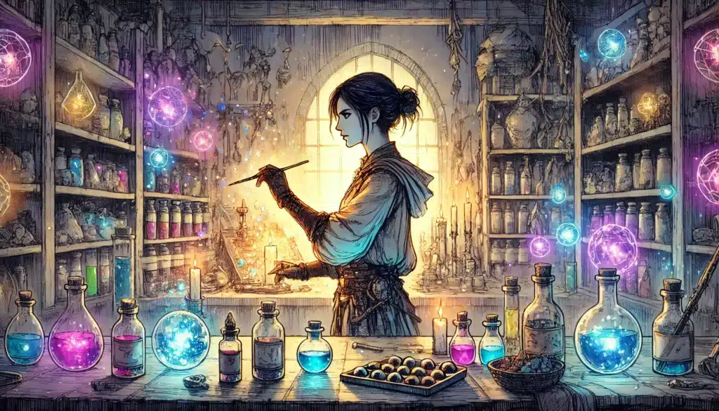A person with black hair in a bun works on a magical potion in an alchemists workshop, just like an Artificer from DND 5e. Theyre surrounded by glowing orbs and colorful bottles, with shelves of mystical ingredients illuminated by the warm glow from a large window.