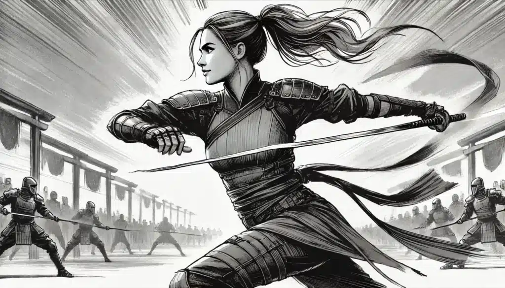 A black and white illustration of a female fighter from DND 5e, her flowing ponytail swaying as she assumes a dynamic fighting stance. Clad in armor and wielding a sword, she stands against a backdrop of figures captured in dramatic action.