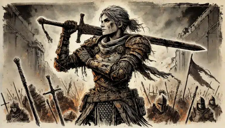 A fierce DND fighter in ornate armor holds a large sword across their shoulder, standing defiantly amidst a battlefield. Smoke and ruins fill the background, with fellow armored soldiers holding weapons and flags rallying behind. Sketched art style reminiscent of 5e heroics.