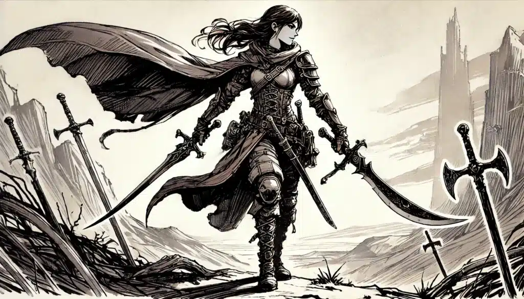 A fierce fighter woman stands on a rocky landscape wielding two swords. She wears intricately designed armor and a flowing cape. Swords are embedded in the ground around her, and tall, jagged mountains rise in the background under a cloudy sky, like scenes from a DND class guide.