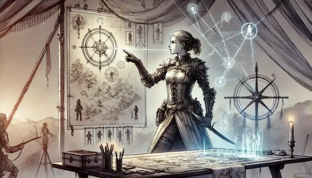 A seasoned fighter in medieval armor stands confidently in a candle-lit tent, guiding her audience through a large map on a canvas stand. Intricate diagrams and geographic details hint at an upcoming campaign. Beside her, a desk with quills and glowing model evokes a scene straight from a DND class.