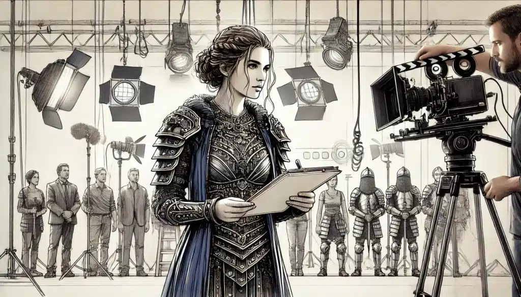 A woman dressed in detailed medieval armor holds a clipboard on a film set bustling with crew members, cameras, and set lights. Extras in armor and fans of the live-action D&D TV show watch eagerly as a cameraman captures the scene.