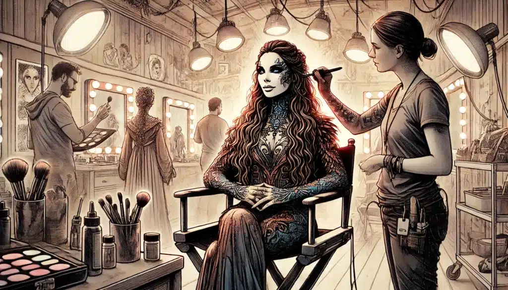 A woman with intricate tattoos sits in a makeup chair, smiling as a makeup artist, a fan of the popular D&D TV show, applies cosmetics. The room is filled with mirrors, lights, and makeup tools. Other artists and patrons bustle in the lively salon background.