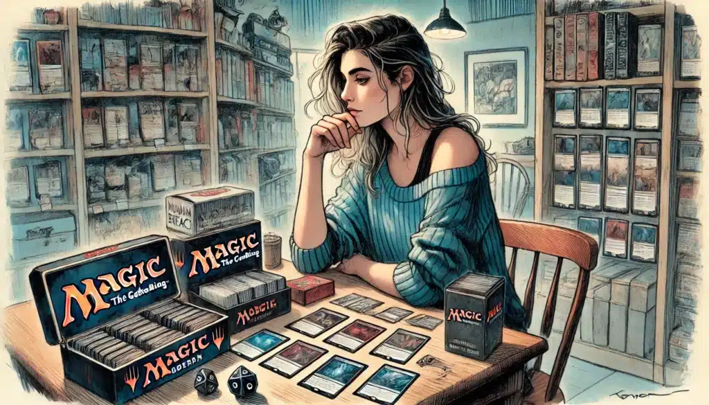 A woman with long hair, wearing a sweater, sits at a wooden table in a cozy room. Shes focused on playing Magic: The Gathering, surrounded by cards, boxes, and dice. Books and games line the shelves in the background.