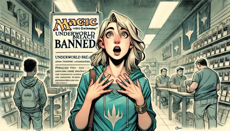 A surprised woman stands in a gaming store with Magic: The Gathering Underworld Breach Banned poster in the background. Shelves with cards and people browsing are visible. She wears a hoodie with a game logo, hands raised in astonishment.