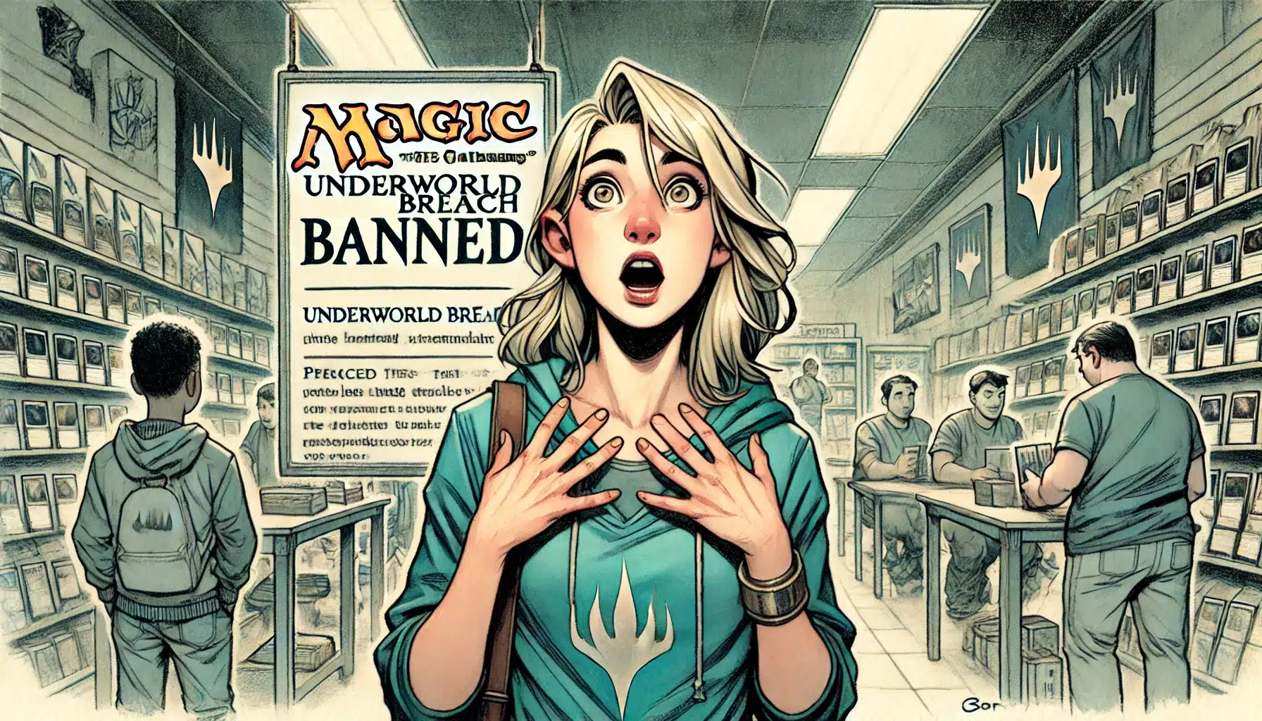 A surprised woman stands in a gaming store with Magic: The Gathering Underworld Breach Banned poster in the background. Shelves with cards and people browsing are visible. She wears a hoodie with a game logo, hands raised in astonishment.