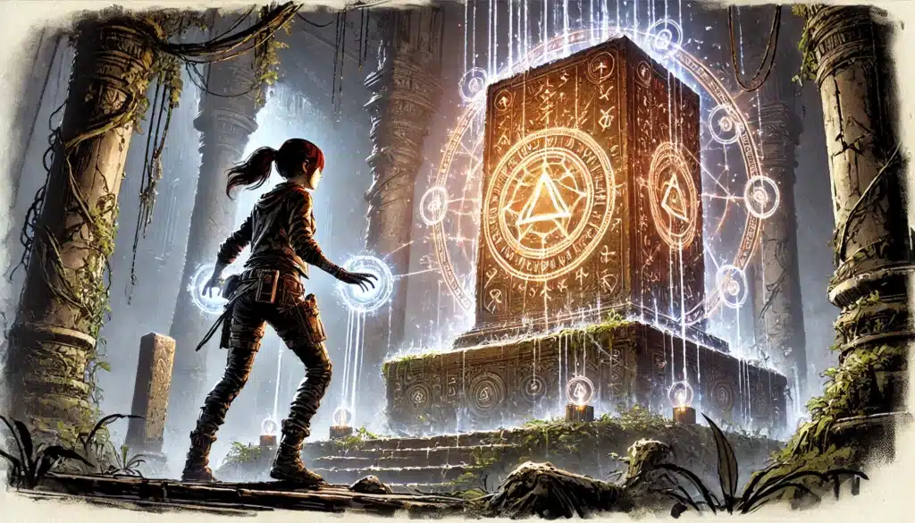 A person stands in an ancient, overgrown temple, facing a large, glowing stone monolith covered in mystical symbols. Light streams down, illuminating surrounding columns and hanging vines, creating a mystical atmosphere.