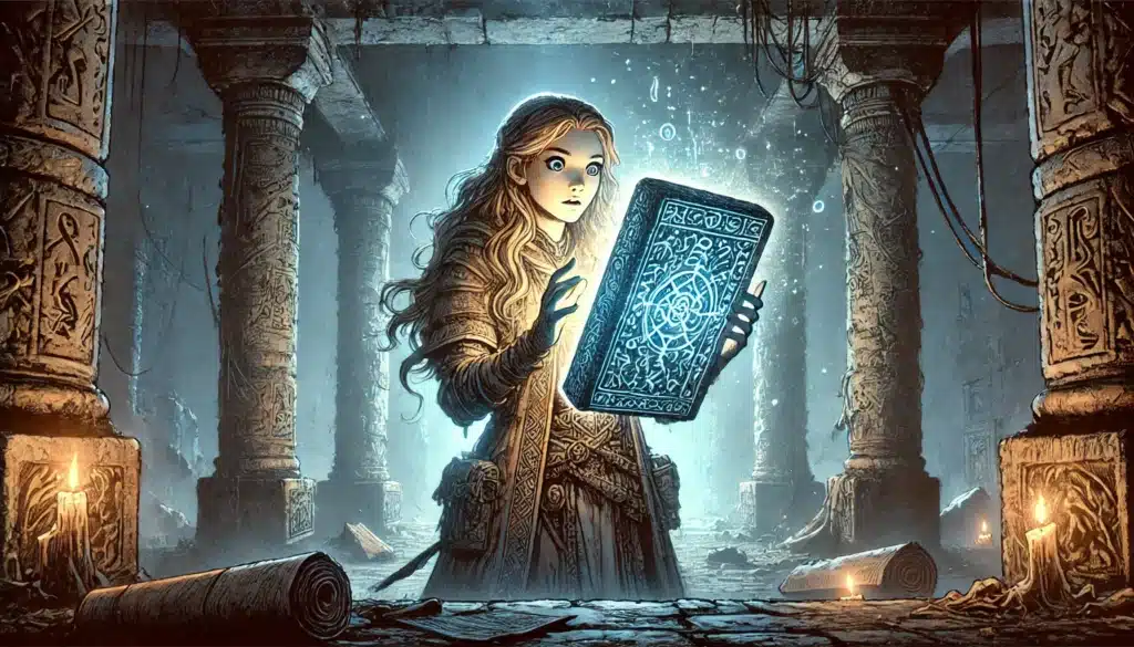 A young woman stands in an ancient, dimly-lit ruin, holding an illuminated, intricately designed book. Her expression is one of awe. The background features stone columns and scattered scrolls, with candles casting a warm glow.