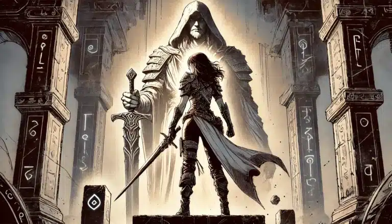 A warrior stands defiantly on a stone platform, sword drawn and facing a massive, ethereal hooded figure holding a large sword. Enigmatic symbols adorn the ancient stone columns surrounding them, bathed in dramatic light.