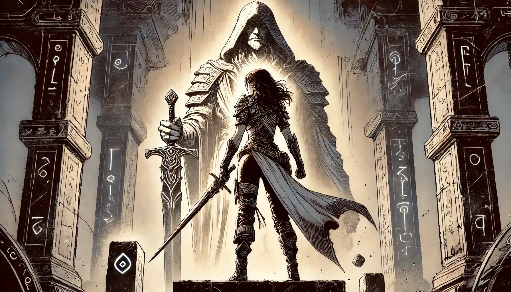 A warrior stands defiantly on a stone platform, sword drawn and facing a massive, ethereal hooded figure holding a large sword. Enigmatic symbols adorn the ancient stone columns surrounding them, bathed in dramatic light.