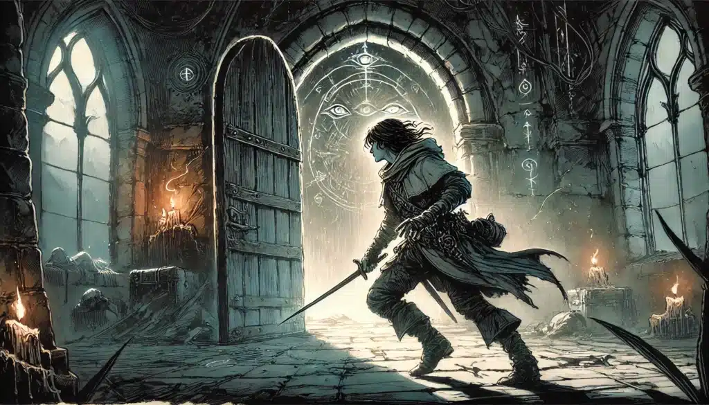 A lone adventurer with a sword stealthily enters an ancient, dimly lit, gothic-style hall. Intricate symbols adorn the stone walls, and glowing candles flicker. The arched door behind them is ajar, casting eerie light into the room.