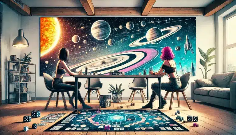 Two people with colorful hair sit at a table playing a board game titled Crafting the Cosmos. The room features a large space-themed mural on the wall, depicting planets and stars. The setting is cozy with modern decor, including a plant and a soft couch.