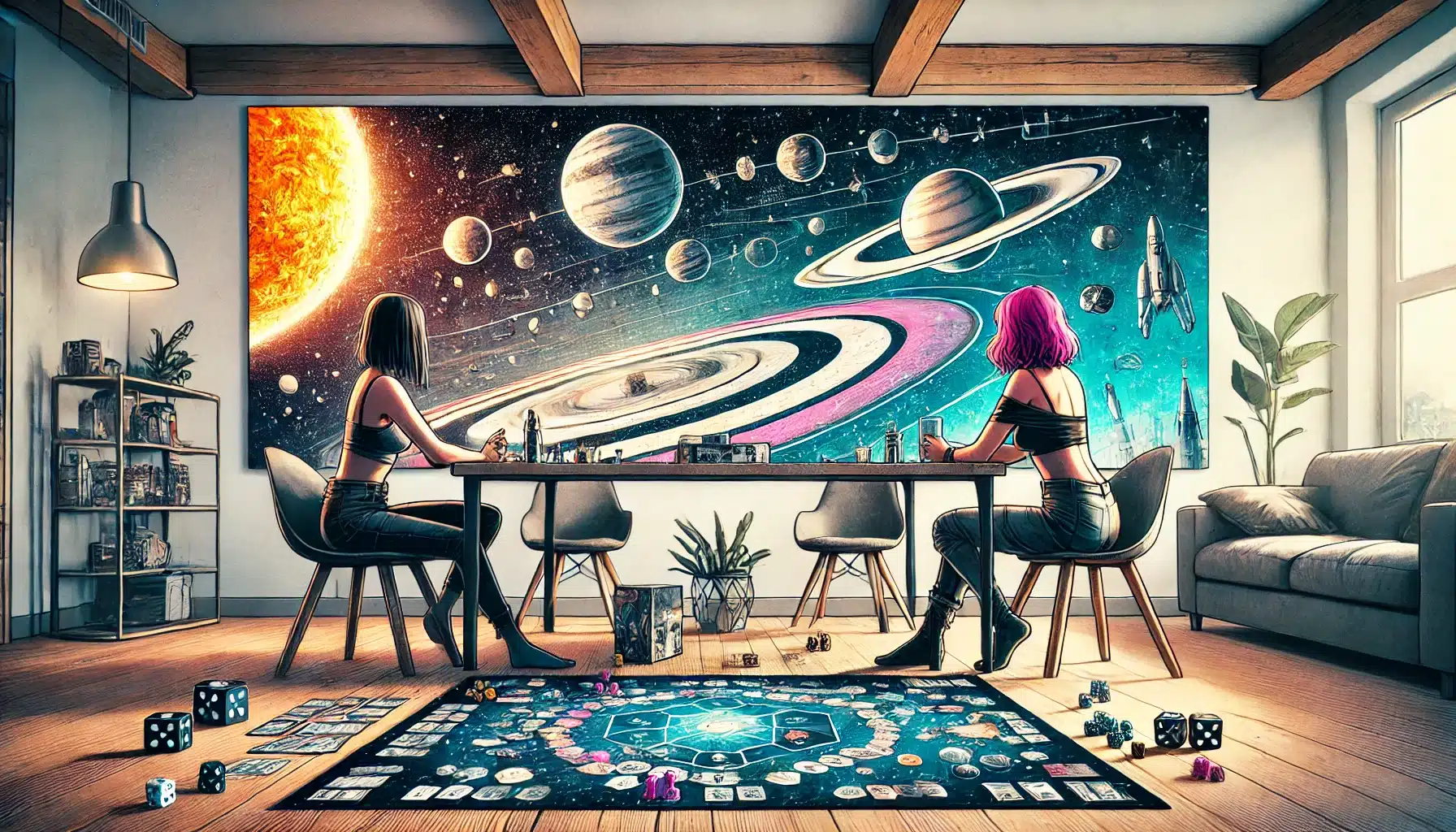 Two people with colorful hair sit at a table playing a board game titled Crafting the Cosmos. The room features a large space-themed mural on the wall, depicting planets and stars. The setting is cozy with modern decor, including a plant and a soft couch.