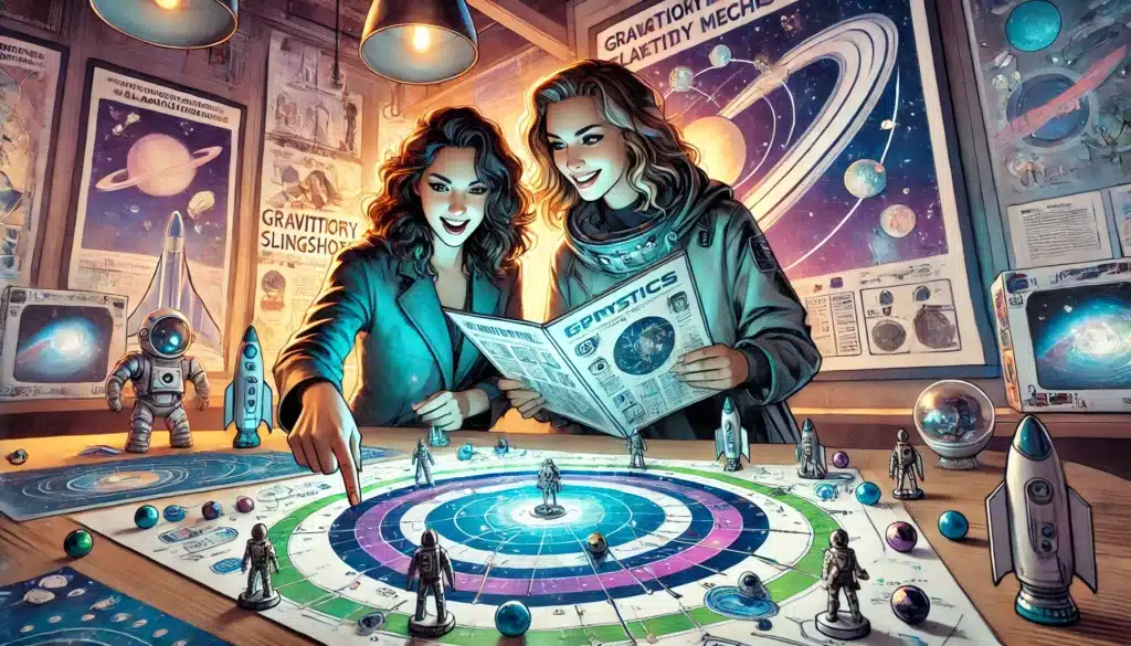 Two people excitedly play a space-themed board game in a futuristic room, surrounded by cosmos posters and models. One points at the game board, while the other holds a newspaper titled Space Times, ensuring their gameplay aligns with real physics principles.