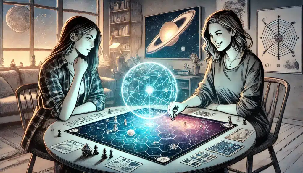 Two women immerse themselves in Crafting the Cosmos, a futuristic board game at a round table in a space-themed room. A glowing holographic sphere floats above the board. The atmosphere is cozy, with a large window showcasing a planet and stars beyond.