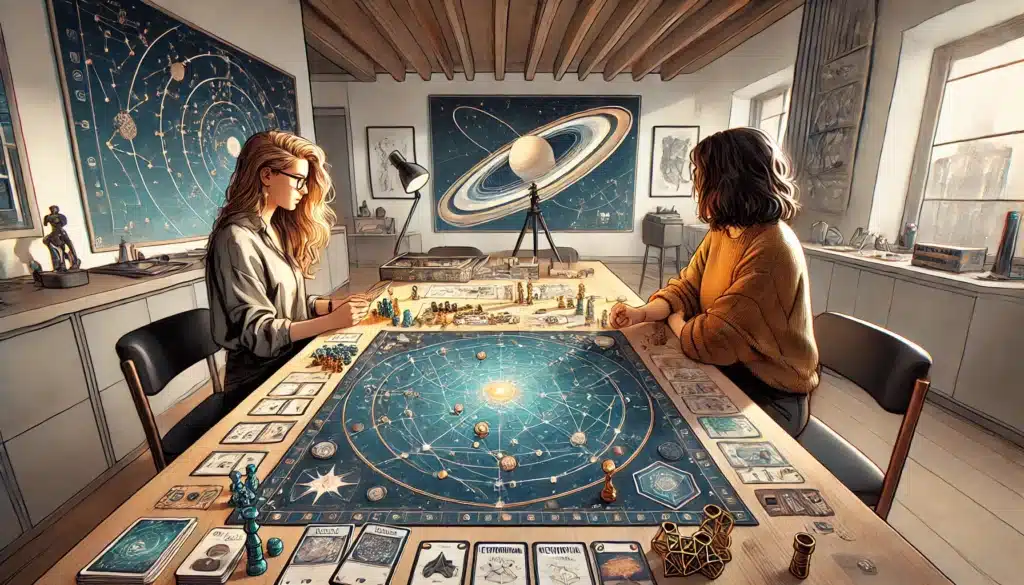 Two people sit at a table in a cozy room, enjoying Crafting the Cosmos, a space-themed board game with cards and dice. The room is adorned with astronomical posters, including Saturn. Sunlight streams through the windows, illuminating their cosmic adventure inspired by real physics.