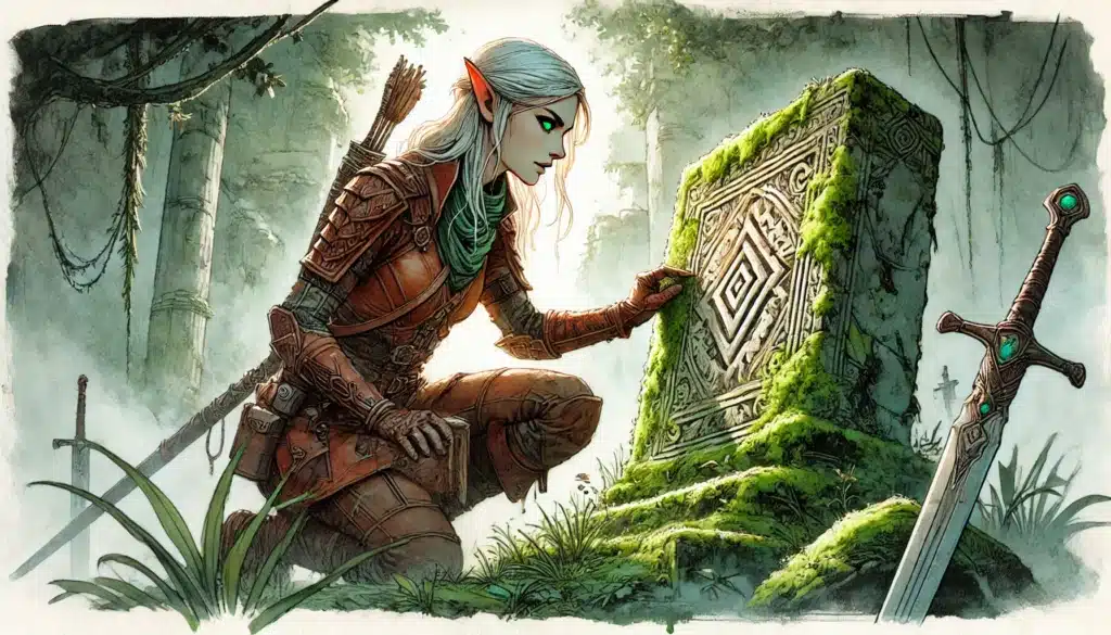 A fantasy elf in warrior armor examines a moss-covered stone tablet with intricate patterns in a misty, overgrown forest. She holds a bow, and a sword is planted nearby. Sunlight filters through the trees, casting a mystical glow—perfect inspiration for TTRPG worldbuilding campaigns.