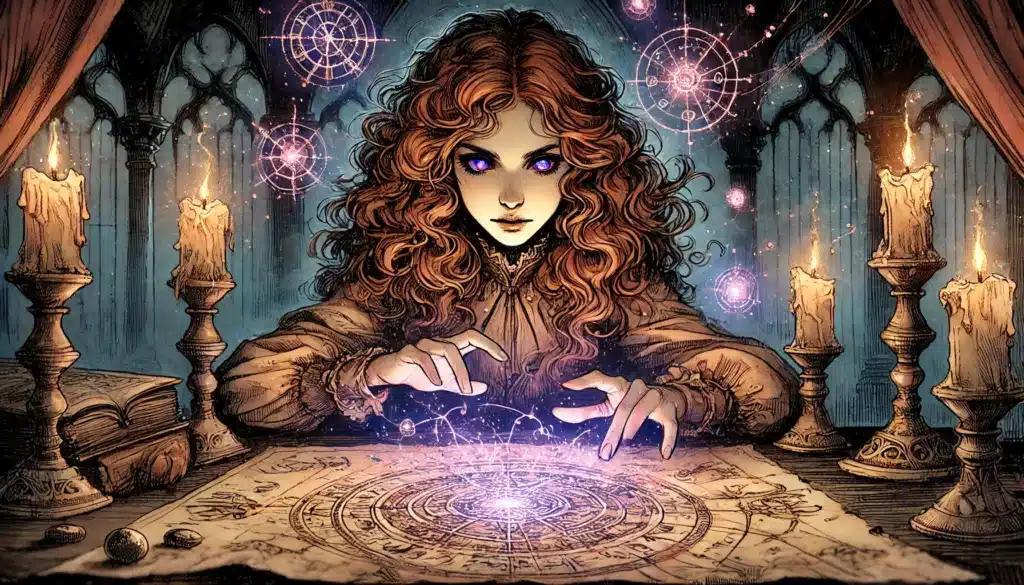 In a gothic room with arches, a person with curly hair and glowing eyes performs magic at a table surrounded by candles. Arcane symbols float above a mystical map, woven perfectly into the worldbuilding of an epic TTRPG campaign, where every move can alter destiny.
