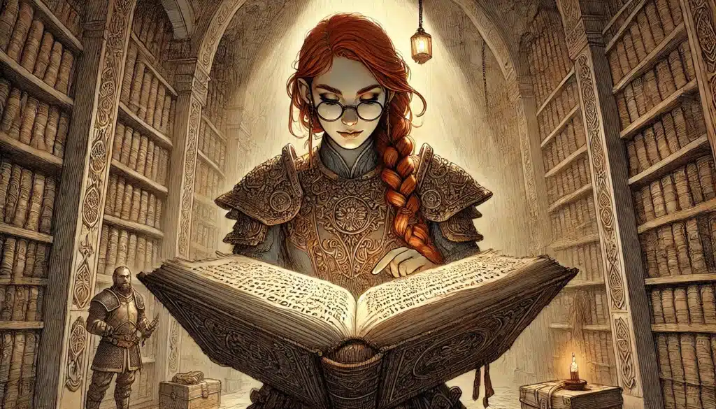 A woman in medieval armor and glasses engrosses herself in a large, ancient book within a dimly lit library. Her red hair is braided as shelves of books surround her, perfect for TTRPG worldbuilding. A knight stands in the background while a single candle flickers light across her focused face.