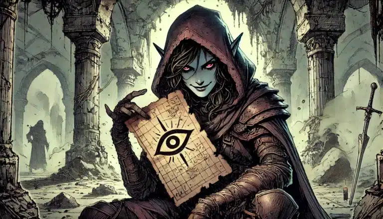 In a crumbling, arched ruin, a mystical elf with glowing red eyes and pointed ears clutches an ancient map marked by an enigmatic eye symbol. Her hooded cloak whispers secrets of worldbuilding for the ultimate TTRPG campaign, while a sword stands partly hidden in the surrounding rubble.