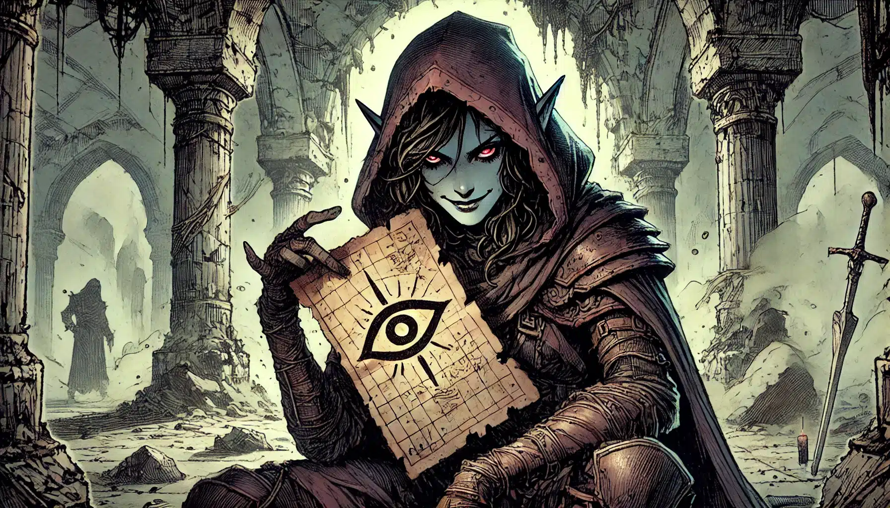 In a crumbling, arched ruin, a mystical elf with glowing red eyes and pointed ears clutches an ancient map marked by an enigmatic eye symbol. Her hooded cloak whispers secrets of worldbuilding for the ultimate TTRPG campaign, while a sword stands partly hidden in the surrounding rubble.