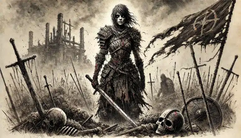 A warrior clad in tattered armor stands amidst a battlefield strewn with bones and swords, an ideal setting to start a grimdark RPG. A desolate building looms behind, while a tattered flag waves in the wind. The gritty scene exudes both despair and resilience, perfect for brutal opening hooks.