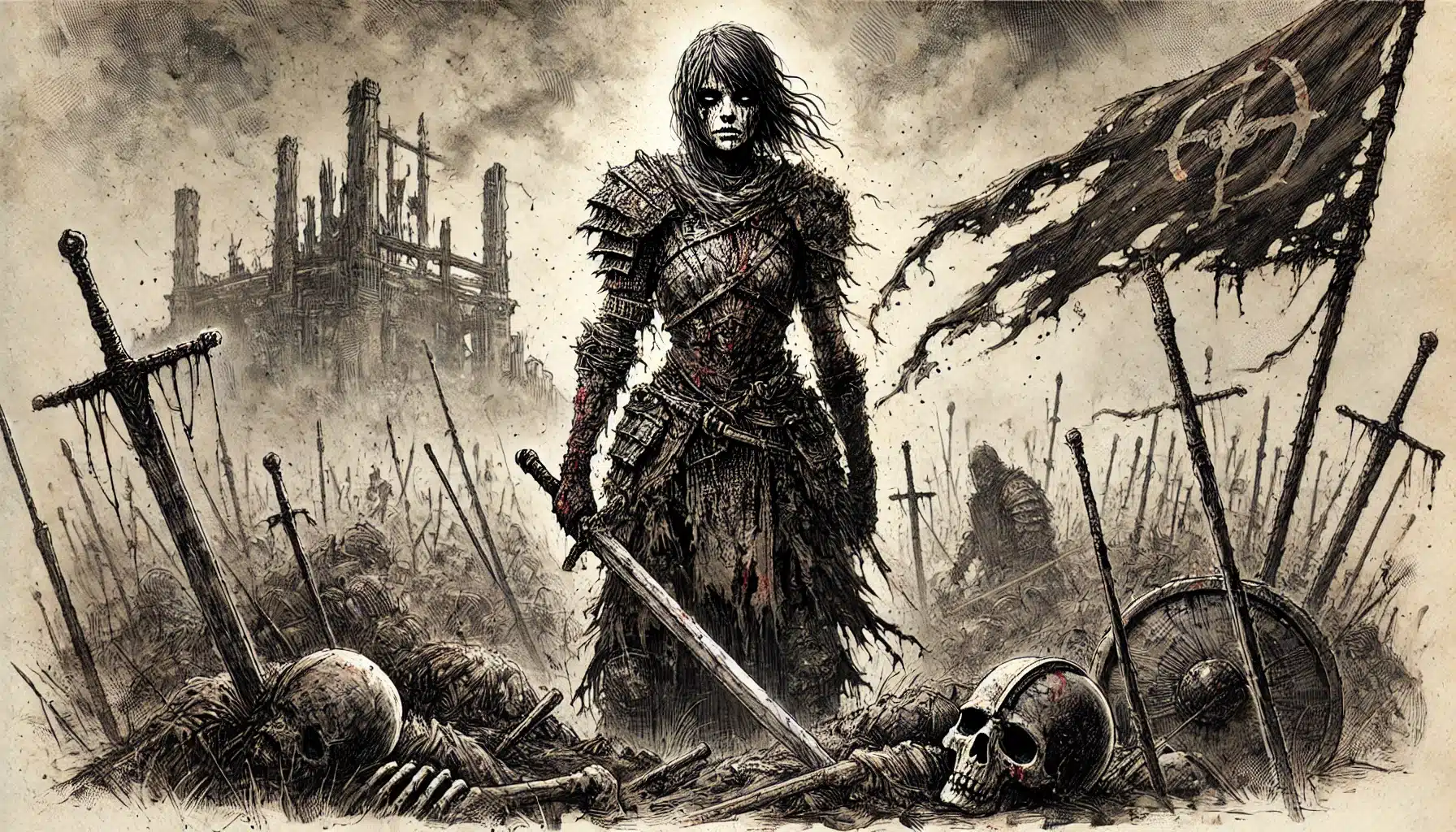 A warrior clad in tattered armor stands amidst a battlefield strewn with bones and swords, an ideal setting to start a grimdark RPG. A desolate building looms behind, while a tattered flag waves in the wind. The gritty scene exudes both despair and resilience, perfect for brutal opening hooks.