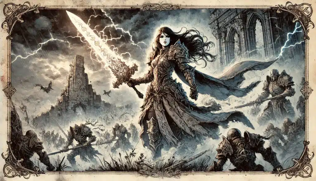 Amidst a chaotic battlefield, a warrior woman in intricately detailed armor wields a glowing sword. With towering ruins and stormy skies in the background, her defiant stance sets the scene for what feels like the brutal opening hook to start a grimdark RPG adventure.