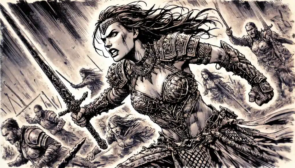 A fierce warrior woman in ornate armor charges forward with a sword, leading her band into battle. Her determined expression and dynamic pose highlight the intensity of the Grimdark RPG scene, perfect for a brutal opening hook in a medieval-themed illustration with a sepia tone.