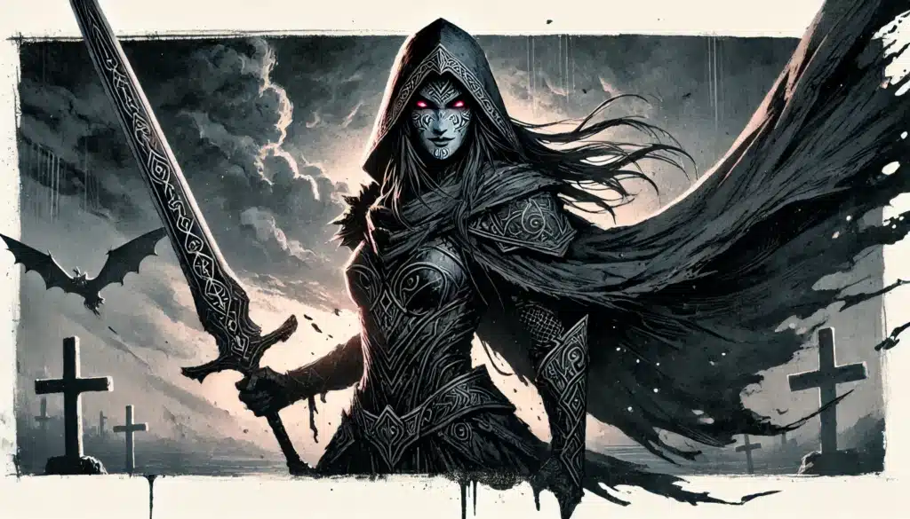 Illustration of a mysterious, hooded warrior with glowing red eyes, holding a sword. Ornate armor covers her body as she stands against a dramatic sky in this Grimdark RPG scene. A bat flies past gravestones in the background while her cape flows ominously in the wind.