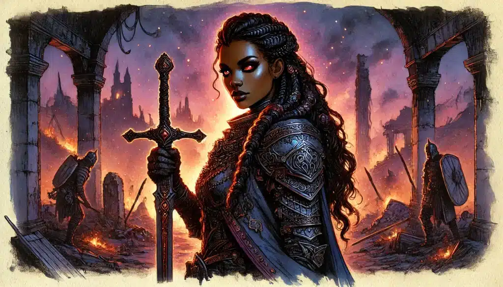 A warrior with braided hair stands confidently in ornate armor, holding a large sword. In this Grimdark RPG setting, the backdrop reveals a burning, ruined city with archways and silhouetted soldiers, framed by a sky painted in brutal opening hooks of orange and purple hues.