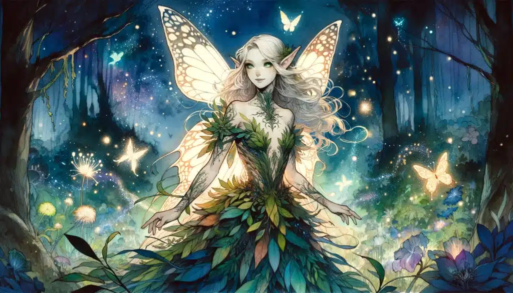 A mystical fairy with glowing wings stands in an enchanting, moonlit forest reminiscent of the Feywild. She is adorned in a dress of green leaves and surrounded by softly lit flowers and butterflies against a starry night sky.