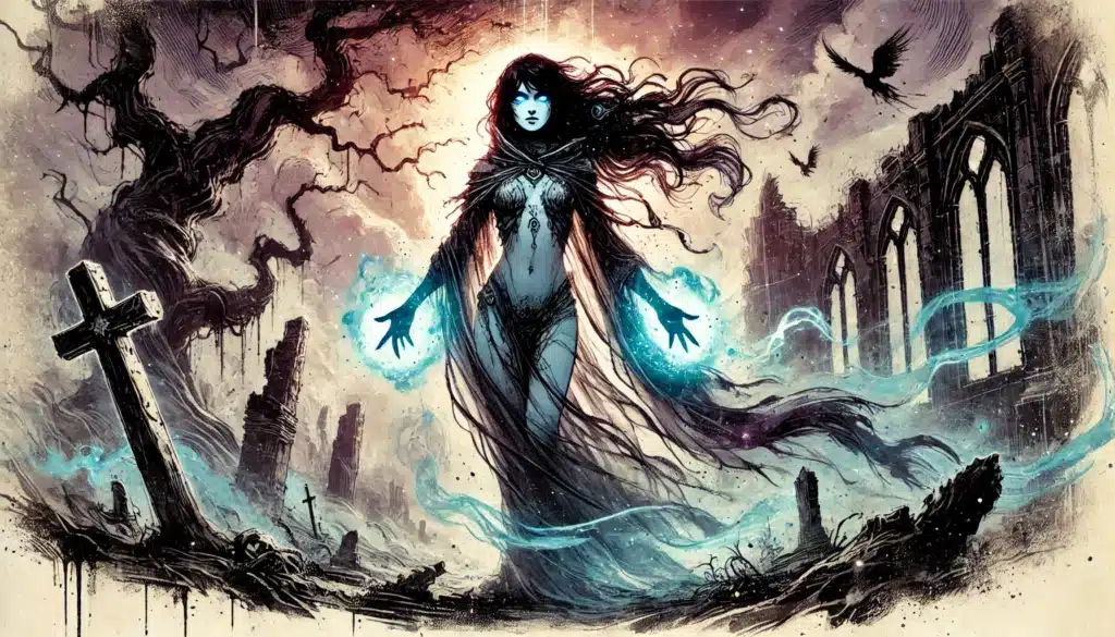 Amid a ruined graveyard, the dark sorceress channels Shadowfell energies through her glowing hands, casting an eerie blue light. Decaying trees and crows surround her as the ominous sky deepens the mystical scenes haunting allure.