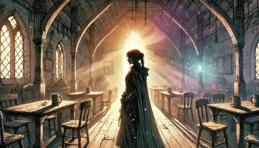 A person in a cloak stands in an old wooden tavern, backlit by sunlight streaming through large arched windows, casting dramatic shadows reminiscent of the Shadowfell. Dust particles float in the air, adding a mystical atmosphere to this scene straight from DND lore. Tables and chairs are scattered around the room.