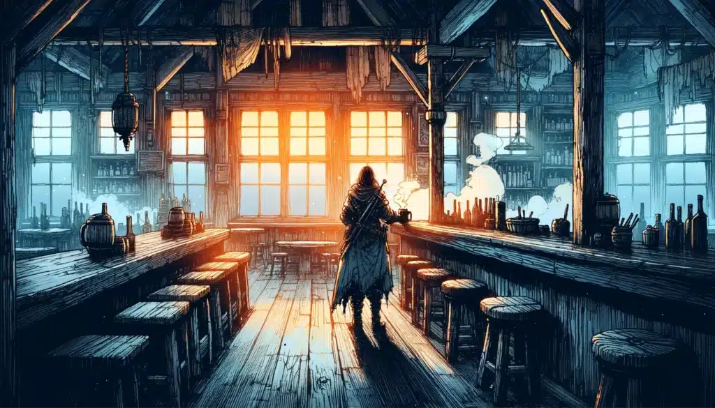 A lone figure in a hooded cloak stands at a bar counter in a dimly lit medieval tavern. The room is illuminated by the warm glow of a large window behind them, casting light into the shadowy interior reminiscent of Shadowfell, with wooden stools and shelves creating an air of mystery.