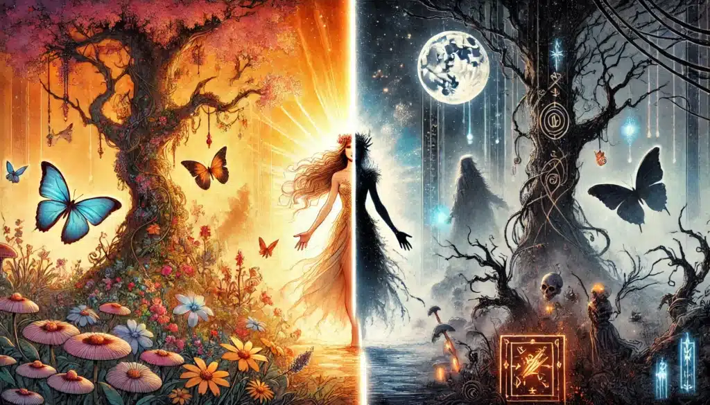 A vibrant fantasy scene split in two: the left shows a bright, floral Feywild landscape with a large tree, butterflies, and sunlight; the right depicts a dark, mystical Shadowfell environment with a skeletal tree, moonlight, and shadowy figures amidst a starry night.